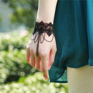 Asphire Gothic Black Lace Bracelet with Finger Ring Flower Gemstone Teardrop